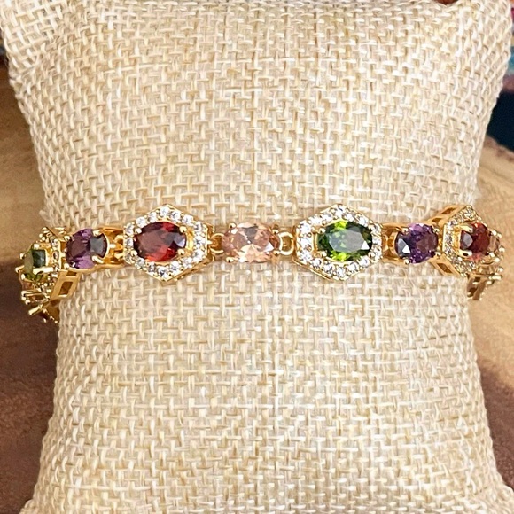 18K Gold Filled Multicolor Gemstone CZ Tennis Bracelet Red Green Purple Pink New - Picture 2 of 12